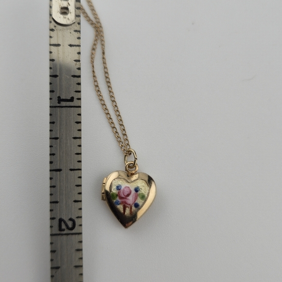 Vintage 12K Gold-Filled Heart Locket Necklace 13" Chain Floral Enamel Pendant - Picture 2 of 12